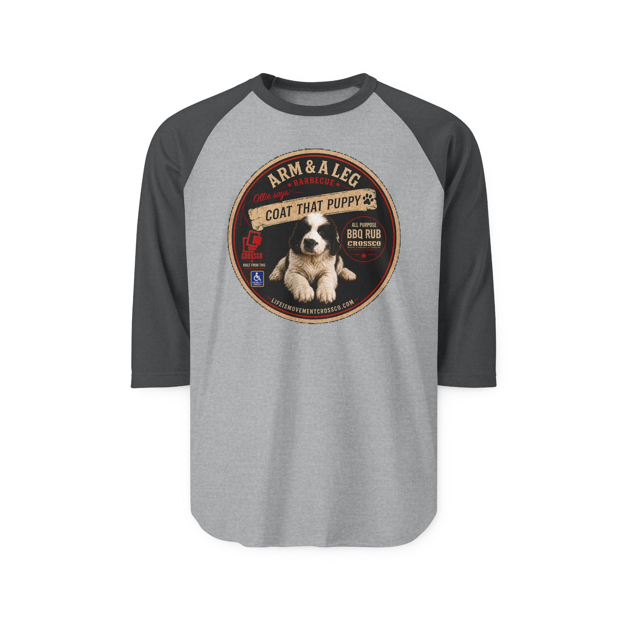 Arm & A Leg “Coat That Puppy” Baseball Raglan Shirt – Vintage BBQ Puppy Graphic