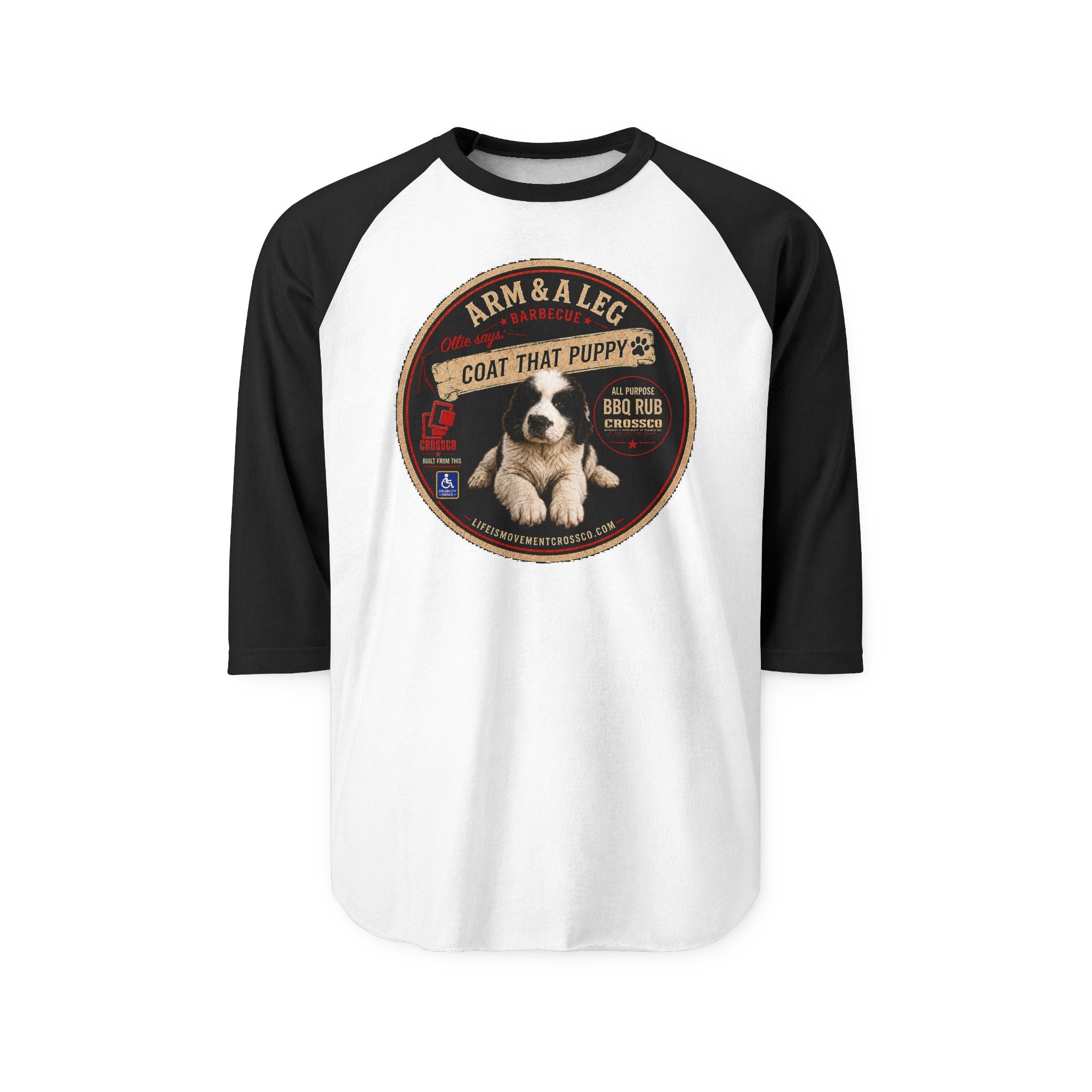 Arm & A Leg “Coat That Puppy” Baseball Raglan Shirt – Vintage BBQ Puppy Graphic