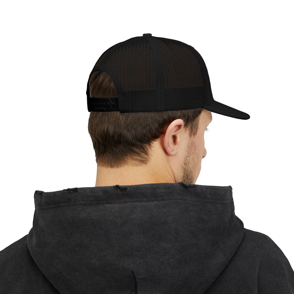 CrossCo Logo Snapback Trucker Cap — Embroidered Black & White Mesh Hat
