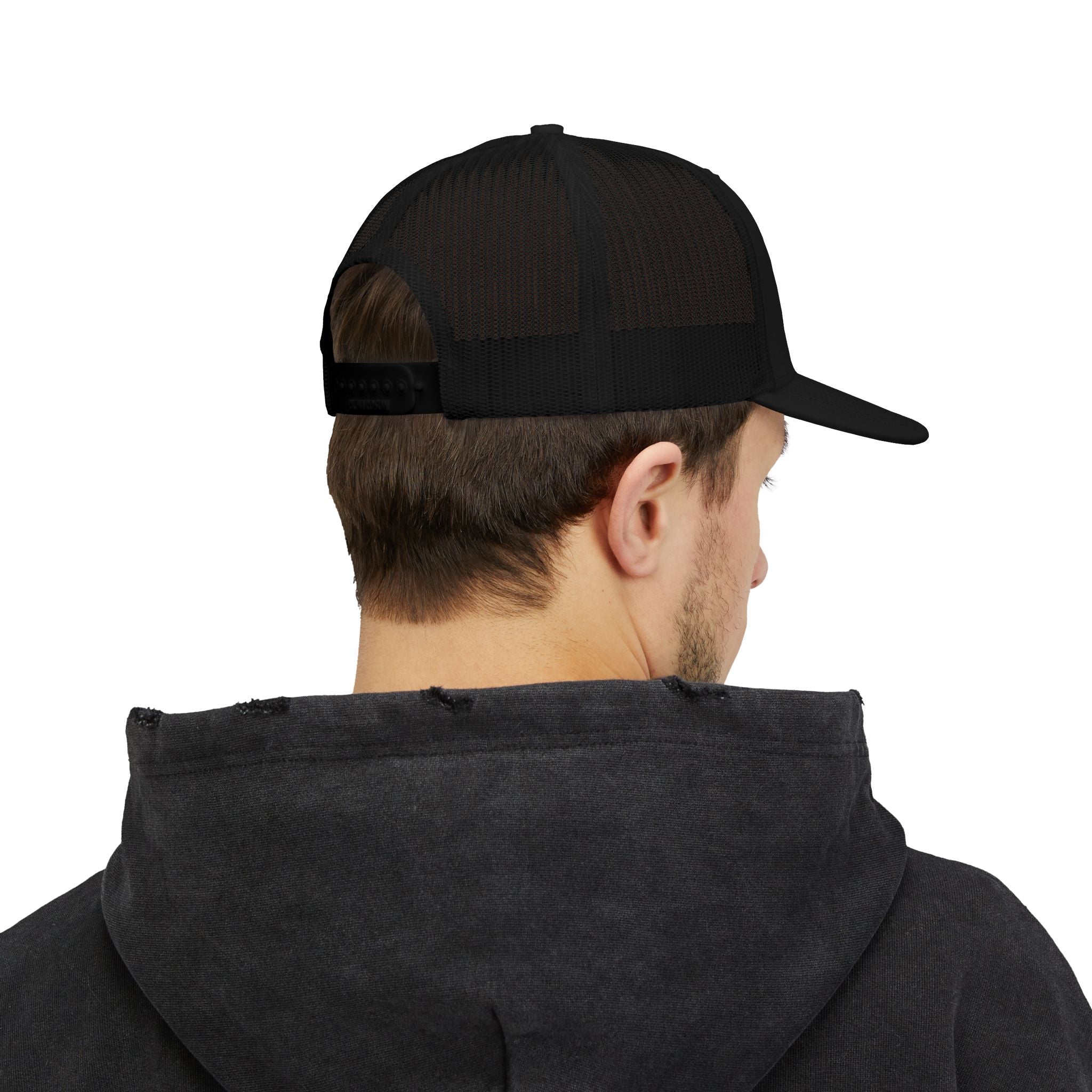 CrossCo Logo Snapback Trucker Cap — Embroidered Black & White Mesh Hat