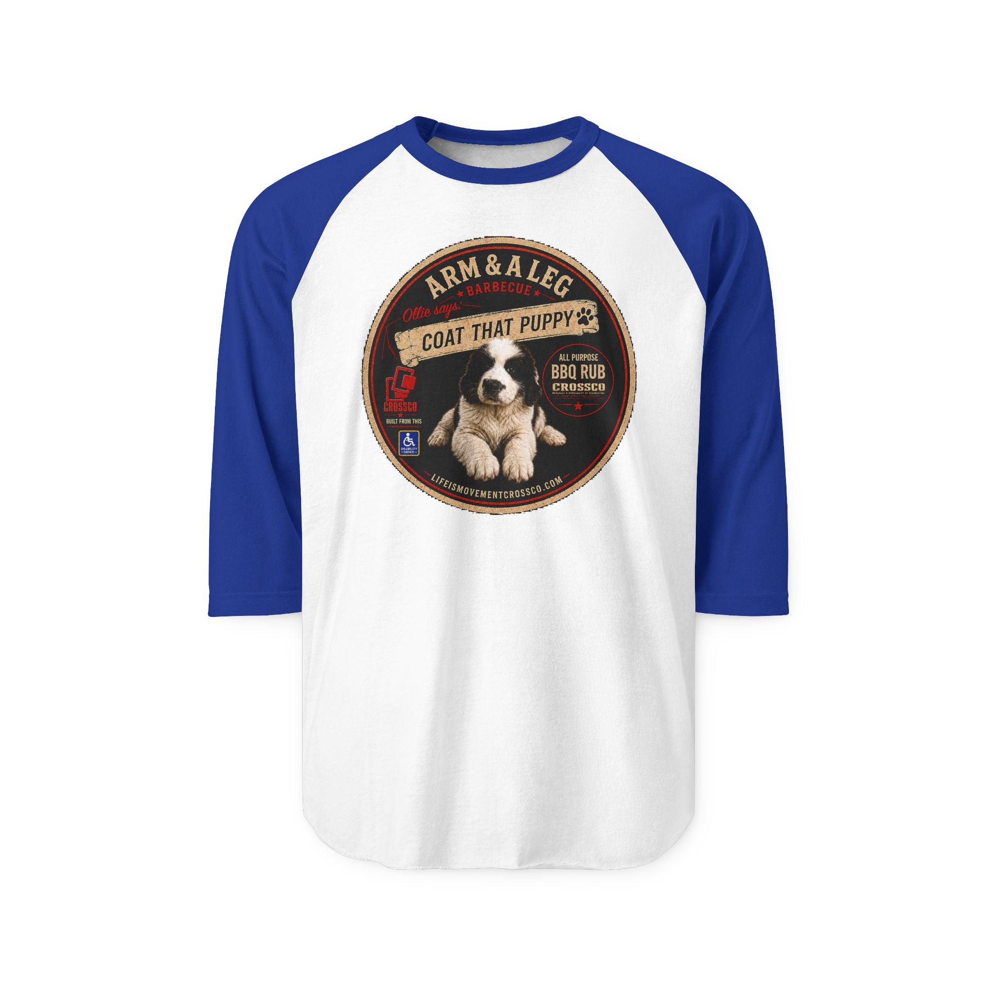 Arm & A Leg “Coat That Puppy” Baseball Raglan Shirt – Vintage BBQ Puppy Graphic