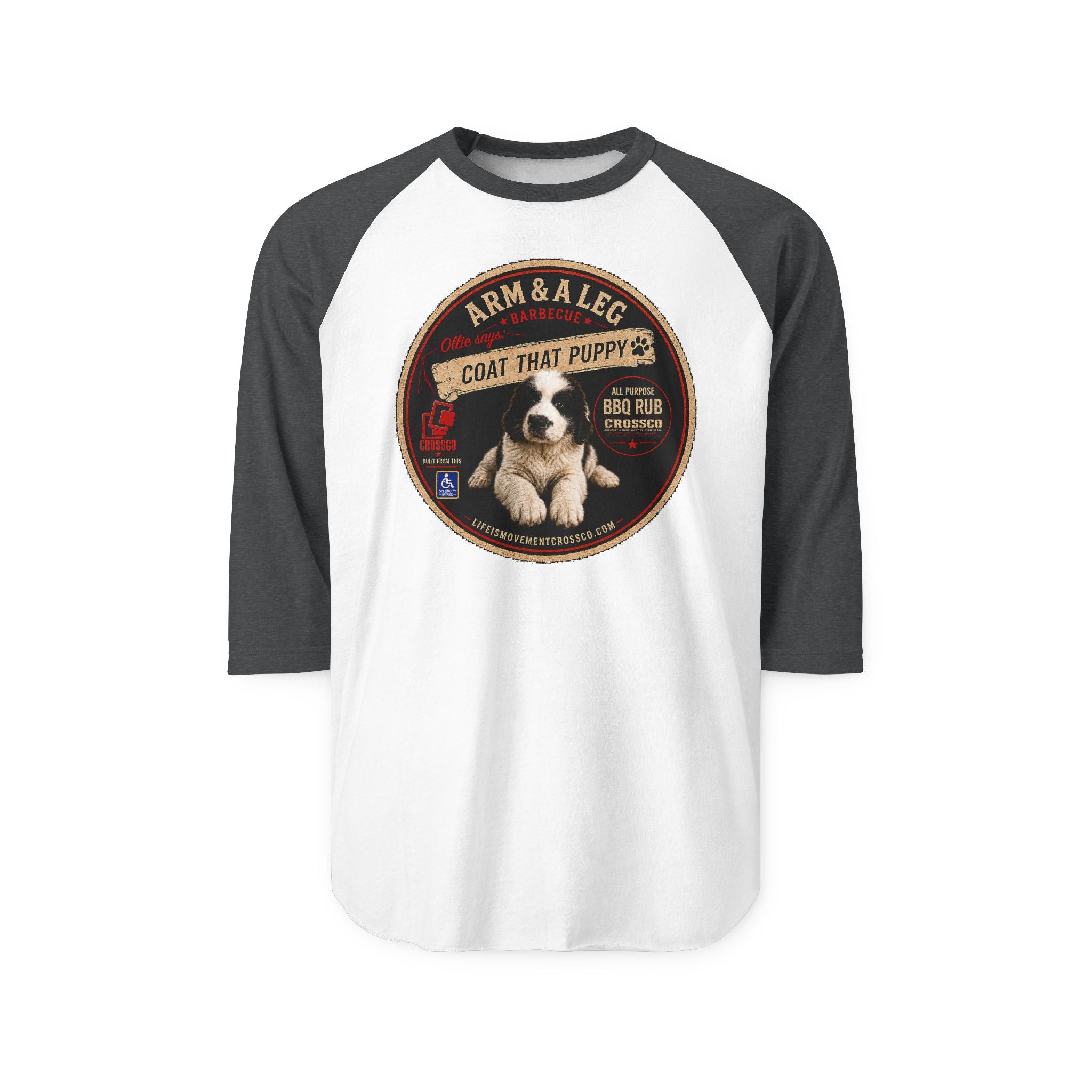 Arm & A Leg “Coat That Puppy” Baseball Raglan Shirt – Vintage BBQ Puppy Graphic