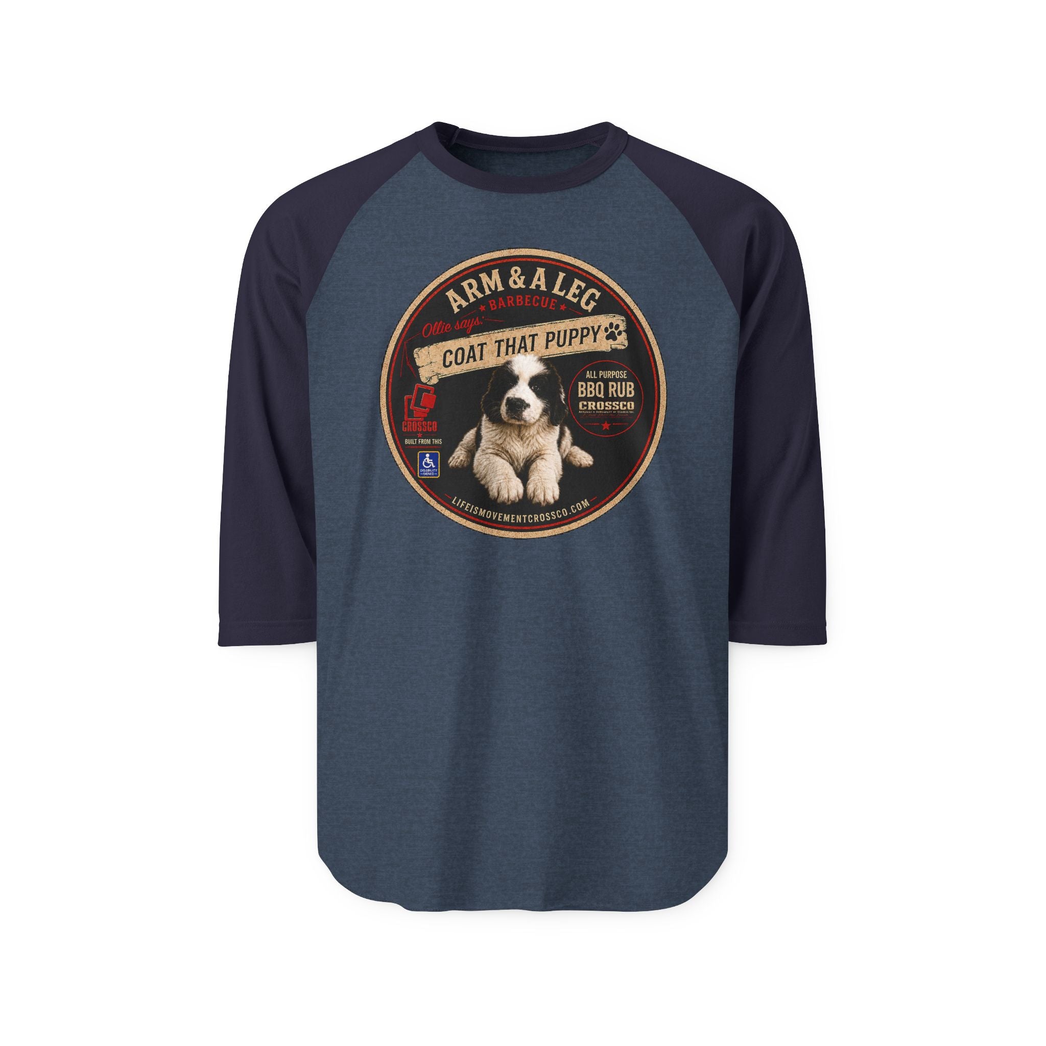 Arm & A Leg “Coat That Puppy” Baseball Raglan Shirt – Vintage BBQ Puppy Graphic