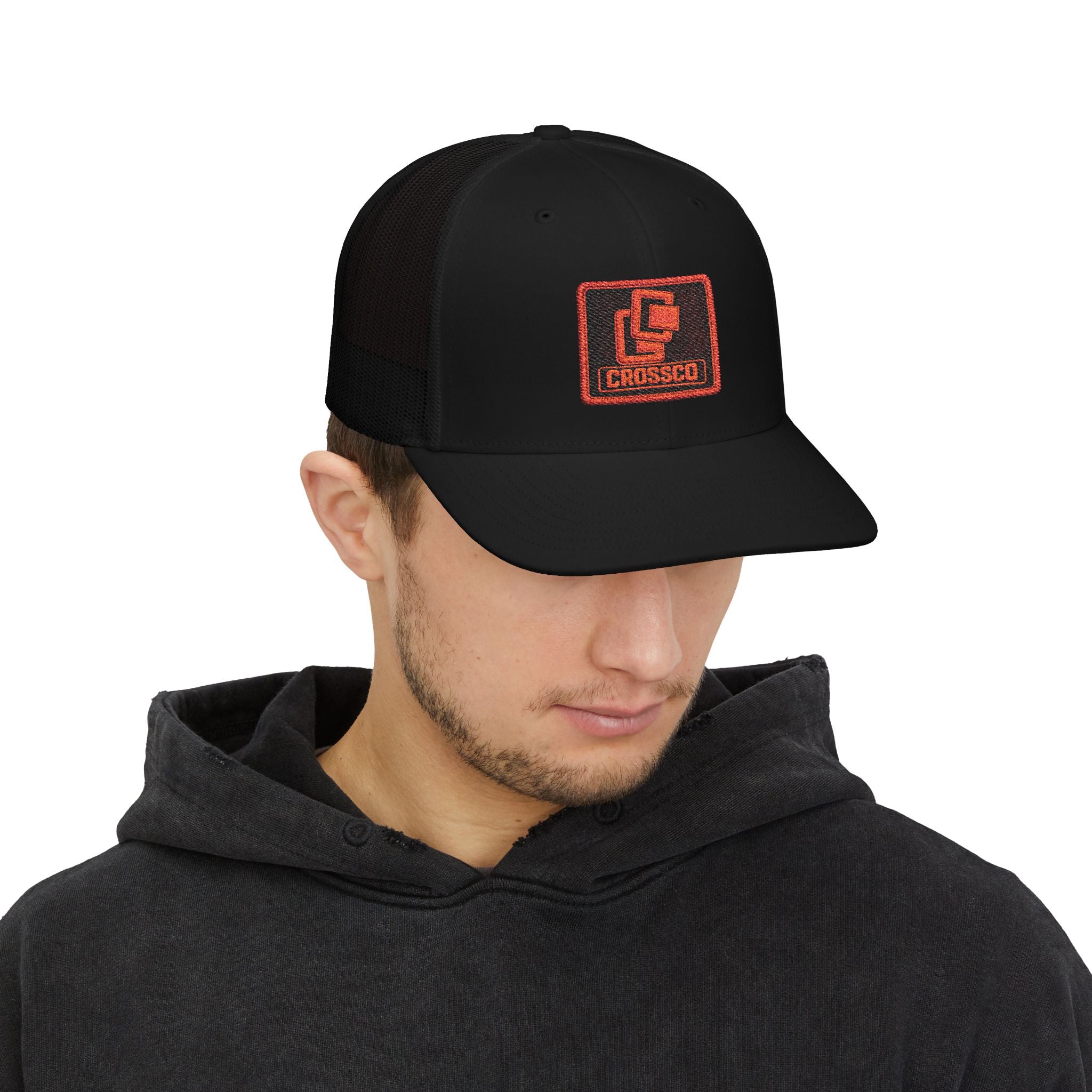 CrossCo Logo Snapback Trucker Cap — Embroidered Black & White Mesh Hat