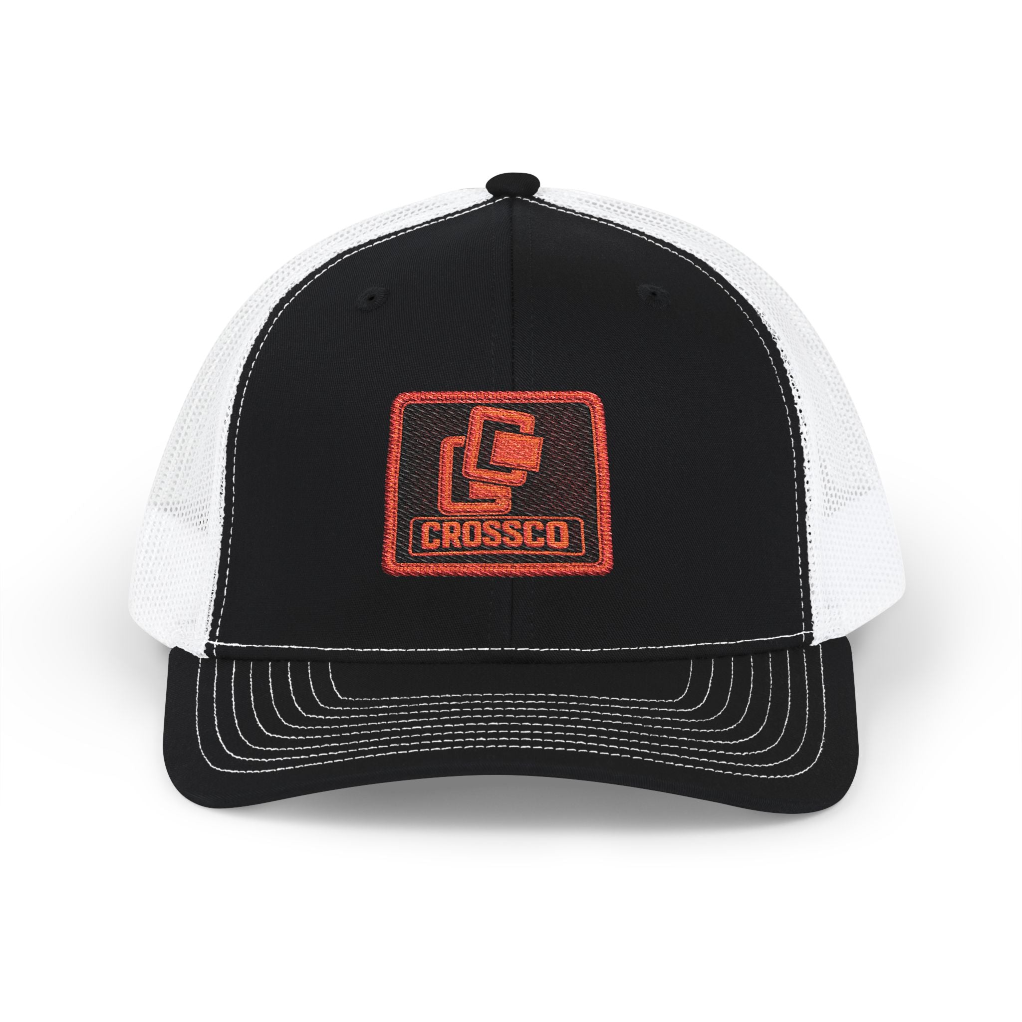 CrossCo Logo Snapback Trucker Cap — Embroidered Black & White Mesh Hat