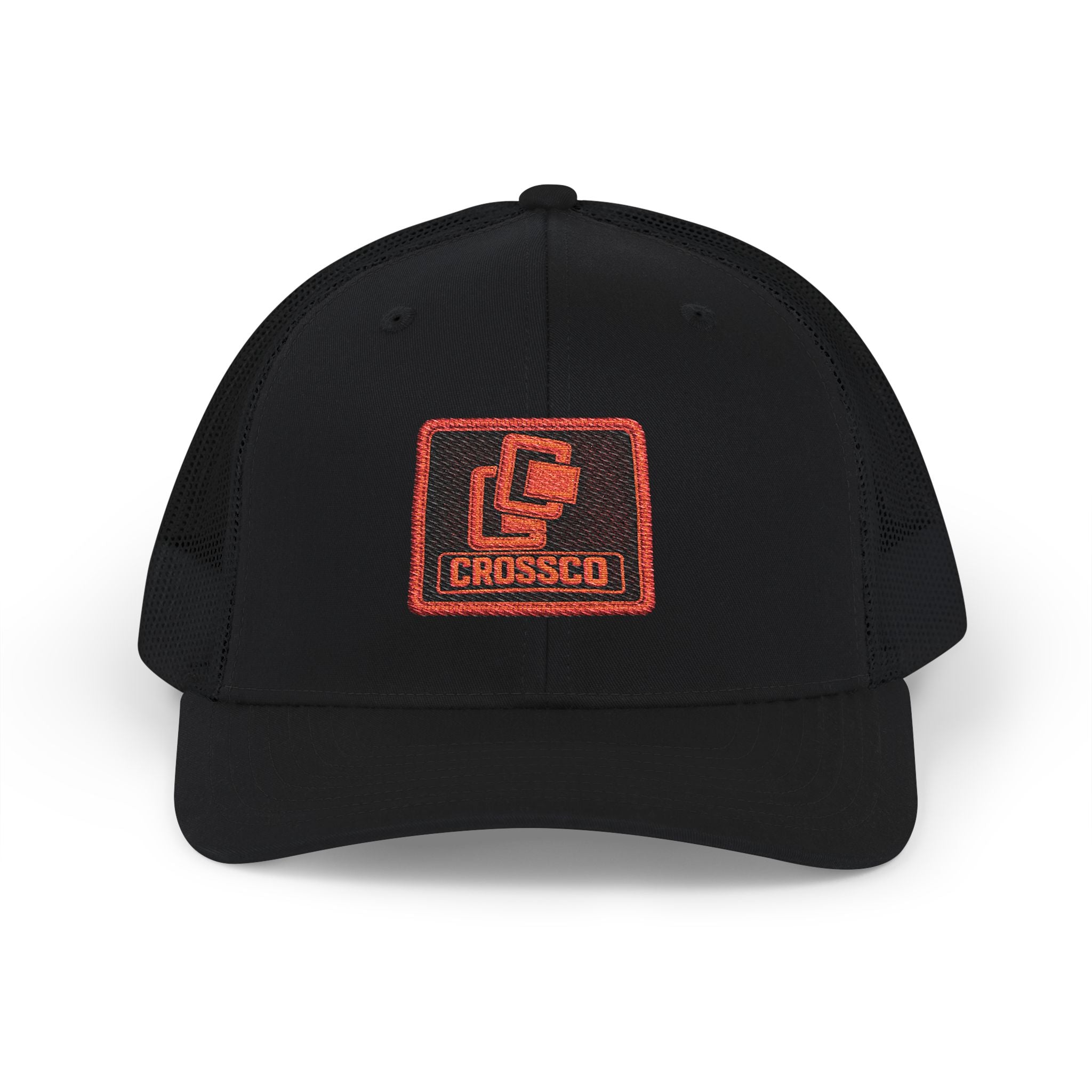 CrossCo Logo Snapback Trucker Cap — Embroidered Black & White Mesh Hat