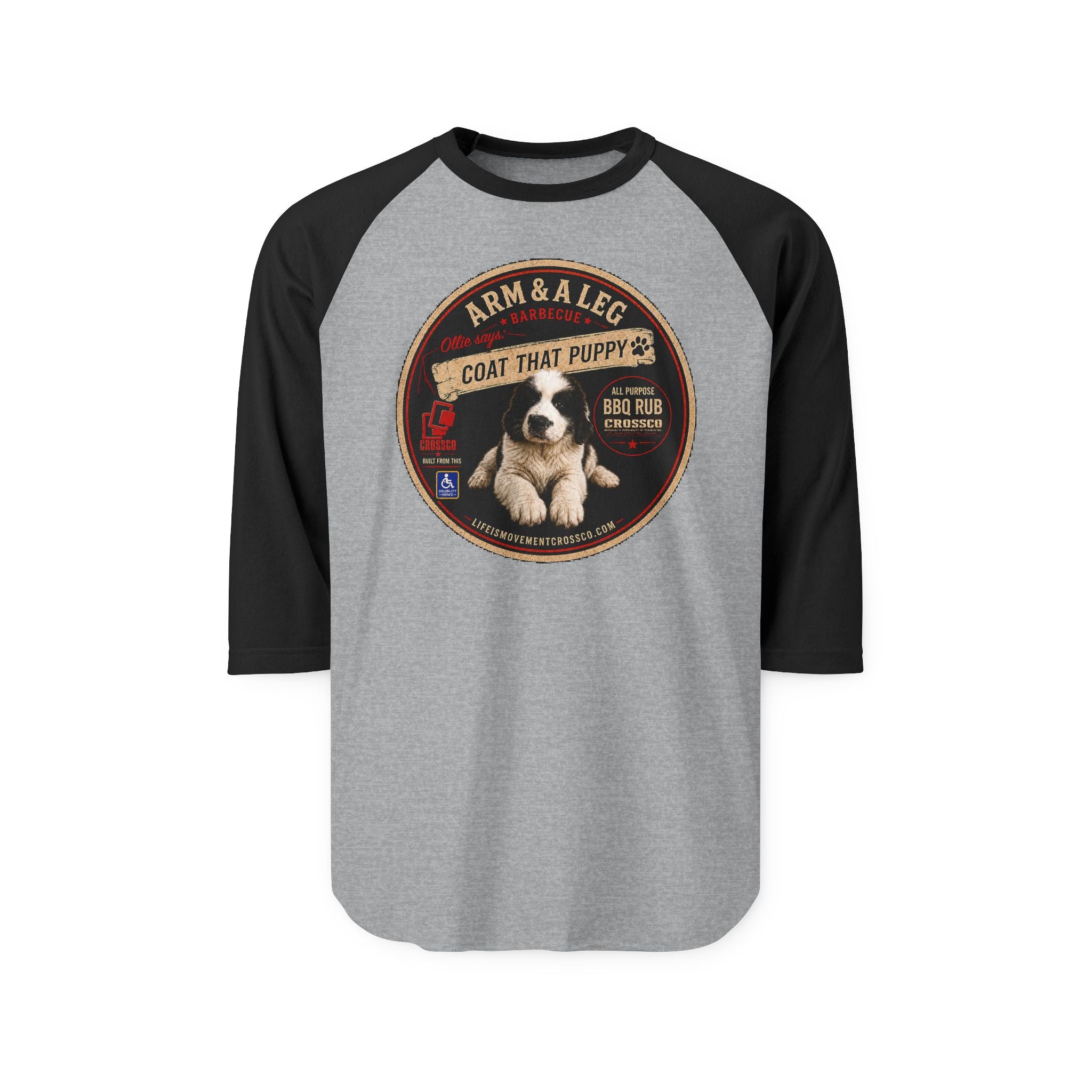 Arm & A Leg “Coat That Puppy” Baseball Raglan Shirt – Vintage BBQ Puppy Graphic