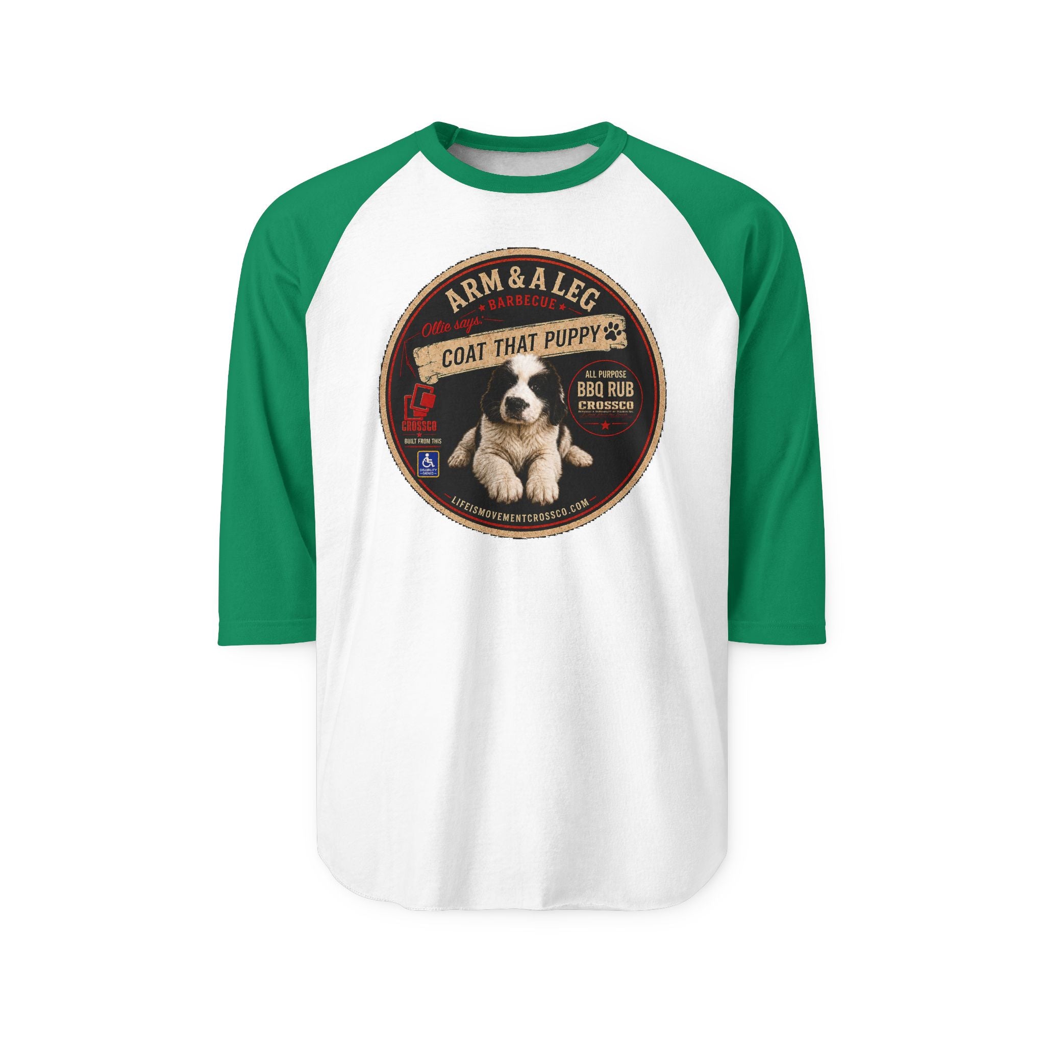 Arm & A Leg “Coat That Puppy” Baseball Raglan Shirt – Vintage BBQ Puppy Graphic