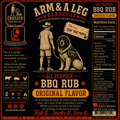 Barbecue rub label with illustration of a man and dog, Crossco branding, and nutritional facts.