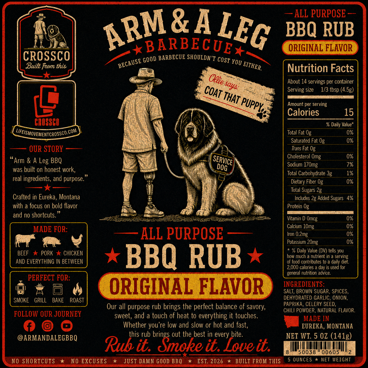 Barbecue rub label with illustration of a man and dog, Crossco branding, and nutritional facts.