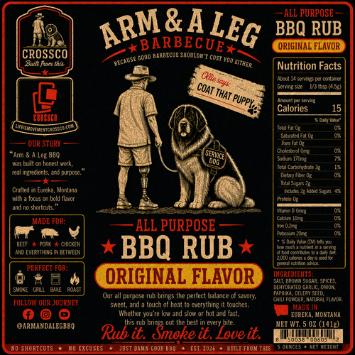Barbecue rub label with illustration of a man and dog, Crossco branding, and nutritional facts.