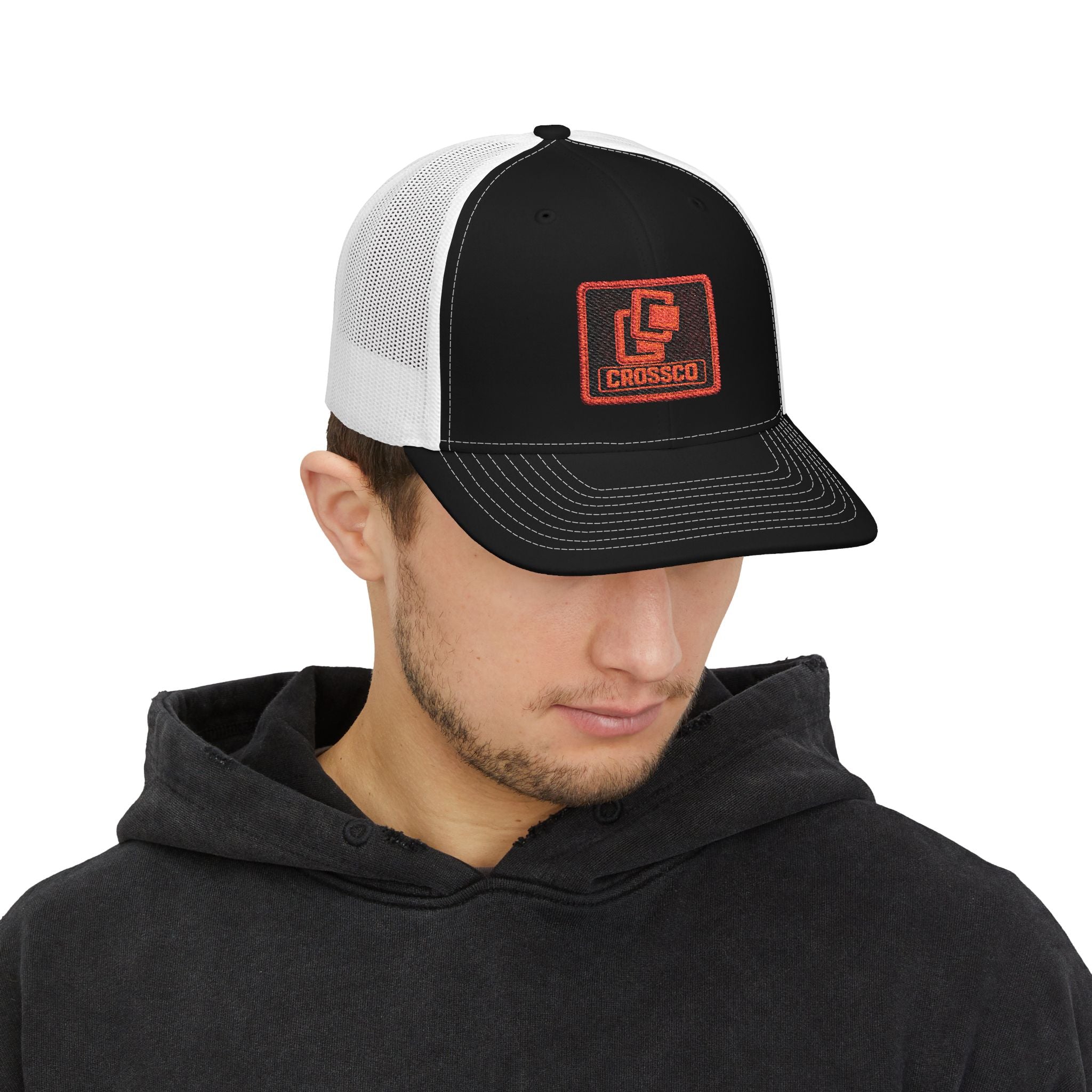 CrossCo Logo Snapback Trucker Cap — Embroidered Black & White Mesh Hat