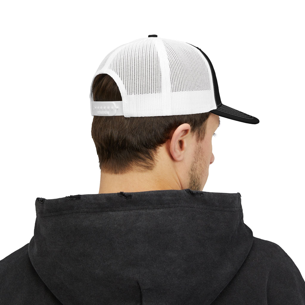 CrossCo Logo Snapback Trucker Cap — Embroidered Black & White Mesh Hat