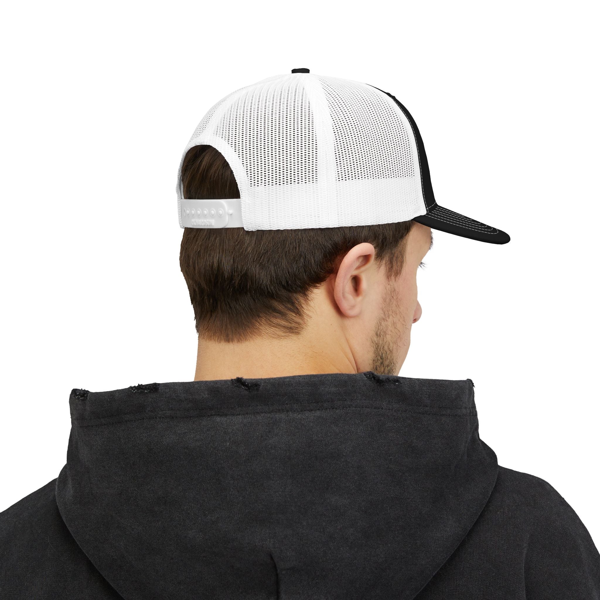 CrossCo Logo Snapback Trucker Cap — Embroidered Black & White Mesh Hat