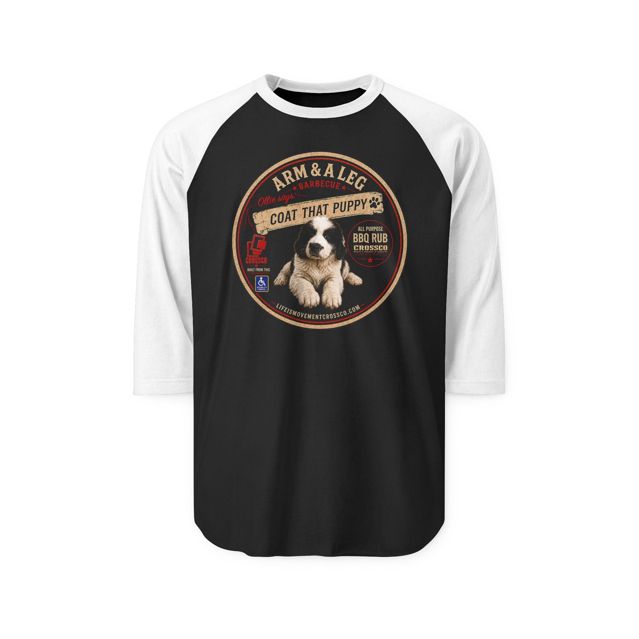 Arm & A Leg “Coat That Puppy” Baseball Raglan Shirt – Vintage BBQ Puppy Graphic